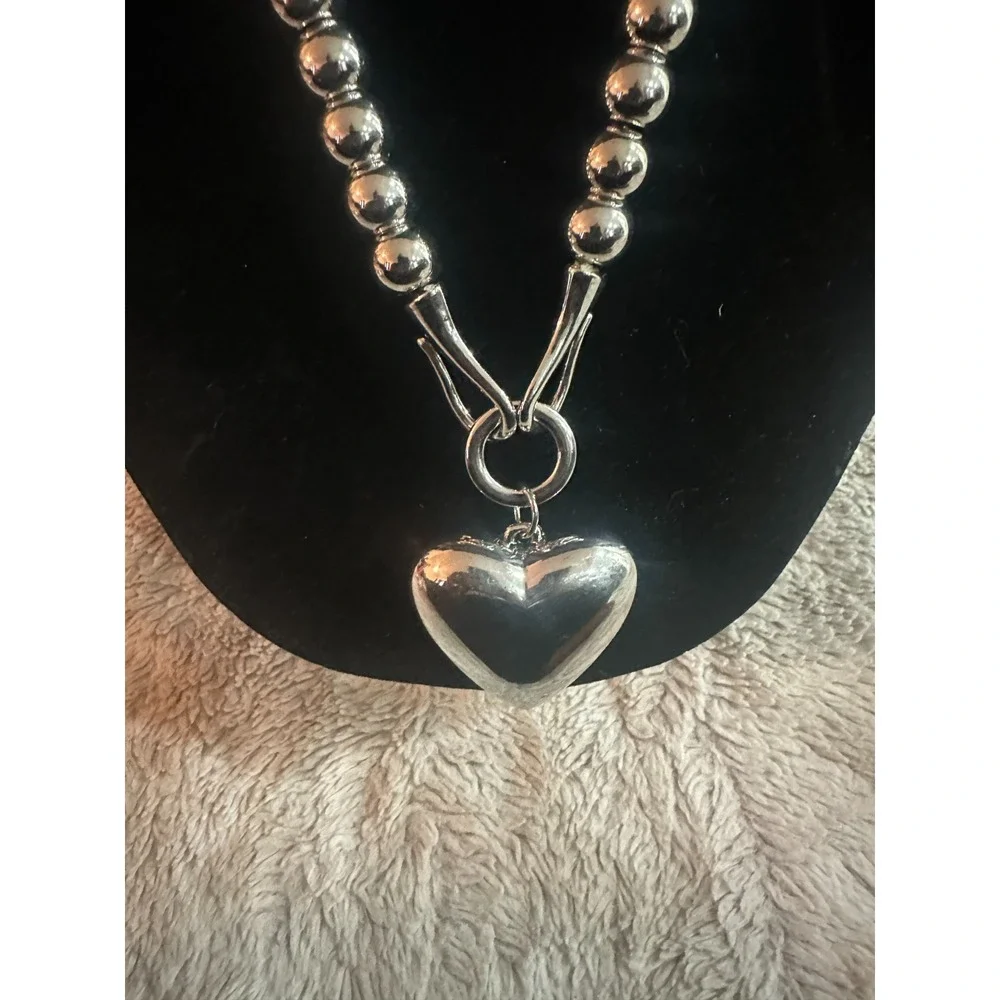 Paparazzi Silver Heart Pendant Necklace & Earrings Set Ball Bead‎ Faux Leather